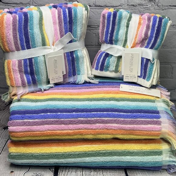 RACHEL ZOE 8 Pc Rainbow Striped Fringe Bath Towels Set - Picture 1 of 6